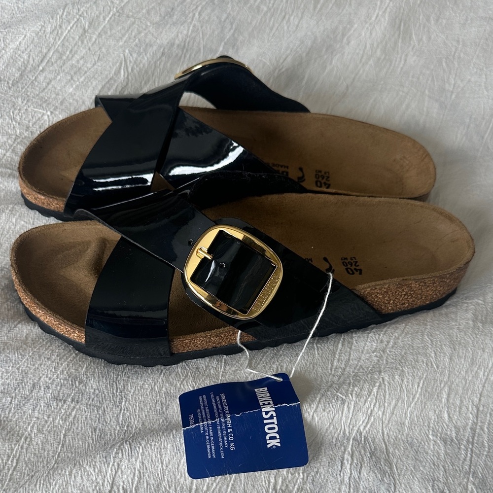 Birkenstock Black Patent Crossover Sandals with Gold Buckles